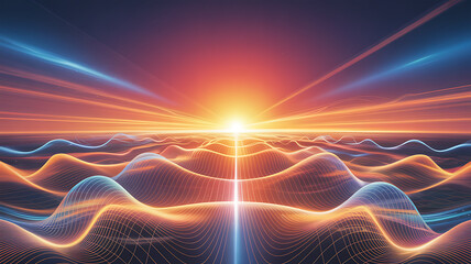 Abstract digital landscape of glowing wireframe waves leading to bright horizon sun with orange and blue light effects creating conceptual data visualization and futuristic technology background art