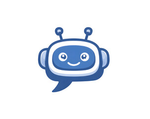 A friendly blue and white cartoon robot head with antennas, smiling, and its body shaped like a speech bubble, on a white background.