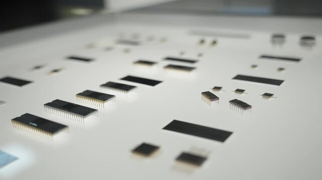 Assorted semiconductor components and integrated circuit packages arranged on a white display surface, captured in shallow depth of field, showcasing microelectronics precision