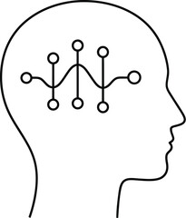 A minimalist line drawing of a human head with a neural network diagram inside the brain