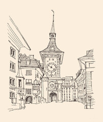 Naklejka premium Sketch illustration. Travel sketch of Zytglogge Clock Tower in Bern, Switzerland. Liner sketches architecture of the street. Freehand drawing. Urban sketch in retro style isolated on beige background.
