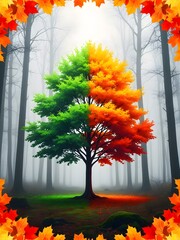 Majestic tree displaying a striking seasonal transition, with one half vibrant green and the other half fiery autumn orange, standing prominently in a misty, ethereal forest framed by a border of.