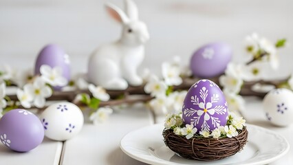 Easter celebration with decorative eggs and bunny figurines