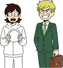 Cartoon Character Illustration Of Nervous Man Holding Plate And Confident Businessman With Briefcase Flat Vector Design.