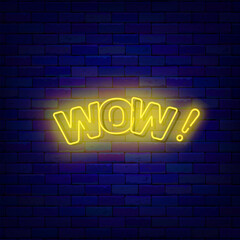Wow neon label. Enter to win. Glowing sign for casino. Present and bonus, surprise. Handwritten yellow text. Fluorescent poster. Vector stock illustration