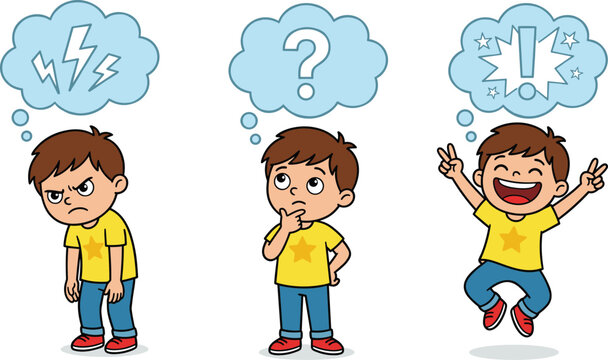 Child emotions cartoon illustration set, angry thinking happy boy with thought bubbles, feelings development concept isolated white background