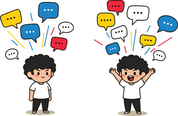 Cute Cartoon Boy Communication Concept Illustration, Child Expression With Speech Bubbles Showing Silence And Happy Talking Emotions