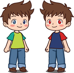 Cute cartoon twin boys illustration, smiling child characters wearing colorful shirts, friendly kids avatar design isolated white background © Itz Sobahan