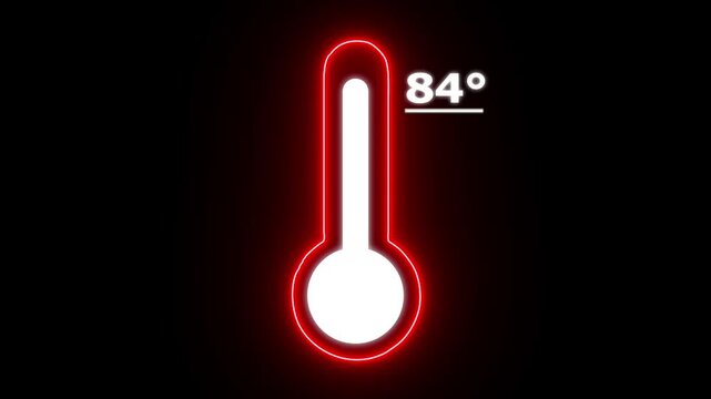 Neon Celsius thermometer displayed temperature 84 degree. Thermometer equipment showing hot or cold weather. 4K Video motion graphic animation.
