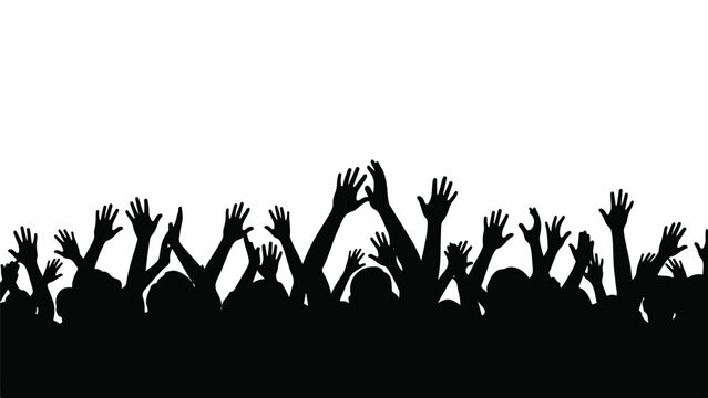 Crowd of people raising hands in unison at a concert or event, captured from a low viewpoint