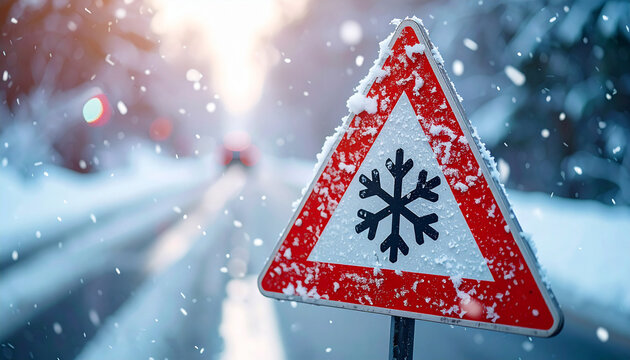  Triangle traffic sign with snowflake symbol, falling snowflakes, winter weather warning, road safety alert