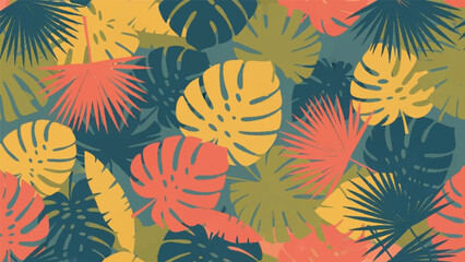 A vibrant illustration of tropical leaves in various colors against a warm background, viewed from directly above