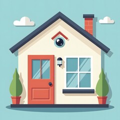 small house icon with security camera for home protection blogs, insurance websites, safety apps, property monitoring services, and residential surveillance awareness