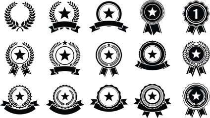 Award badge and laurel wreath emblem vector set with star ribbons seals and achievement symbols isolated