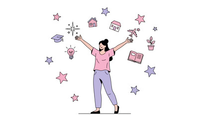 Woman with outstretched arms surrounded by symbols of dreams and aspirations