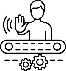 A person stopping a conveyor belt with a hand gesture in a factory setting