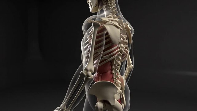 Human body anatomy illustration showing skeletal and muscular system.