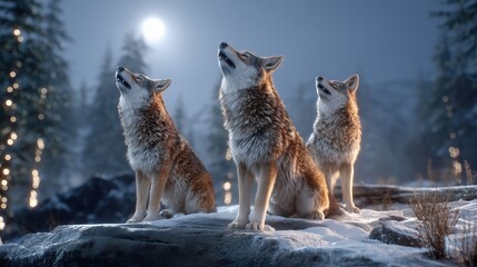 Coyote trio howling at the full moon in a magical winter forest