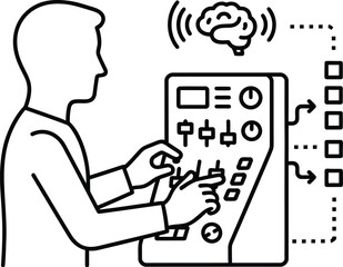 A man interacts with a futuristic control panel connected to his brain