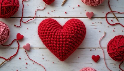 Crocheted red heart surrounded by yarn balls and small felt hearts on white wood