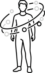 A minimalist line drawing of a man holding a skateboard with motion lines around it