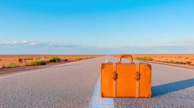 A vintage leather suitcase standing in the middle of an empty desert road, vanishing point on horizon, sunset light, metaphor for starting a new journey