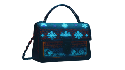 luxury futuristic handbag with glowing digital snowflake pattern neon fashion accessory 3d render isolated on white background