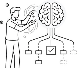A man interacts with a brain illustration surrounded by flowchart elements on a white background