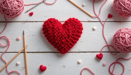 A vibrant red knitted heart sits among pink yarn balls and wooden needles on white boards