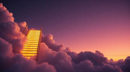 Golden stairs lead upward through clouds at sunset in a vibrant sky filled with stars