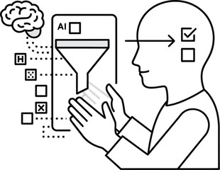 A person interacts with a futuristic AI interface on a digital screen with a brain and checklist symbols.