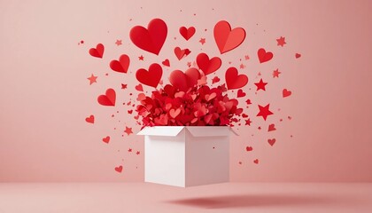 Red paper hearts and stars exploding from an open white gift box against a soft pink background