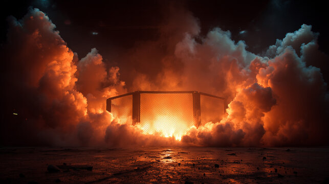 A lot of smoke effect orange color tone around the martial art stage , action background image.