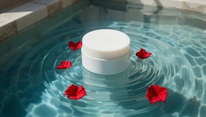 White cosmetic jar floats on rippling blue water surrounded by floating red rose petals