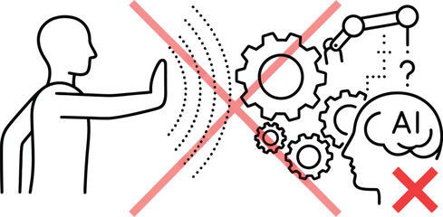A person rejects artificial intelligence with a stop sign in a simple line drawing.