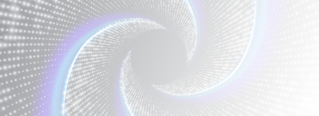 White swirling background from small glowing particles.Twisted tunnel of shining flares. Spiral wave from dots. Spinning dotted halftone vector spiral.