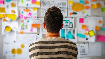 Woman with her back to a board with colored notes in an office