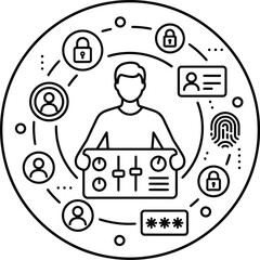 A man surrounded by security icons representing online protection and safety