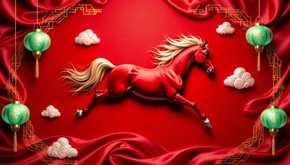 Red Horse Jumping with Clouds and Lanterns in Elegant Fabric Background
