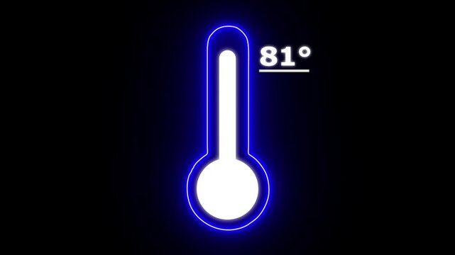 Neon Celsius thermometer displayed temperature 81 degree. Thermometer equipment showing hot or cold weather. 4K Video motion graphic animation.
