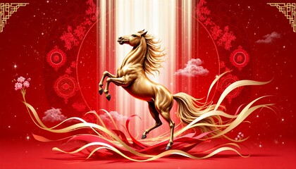 Golden Horse Artwork with Elegant Design and Vibrant Red Background