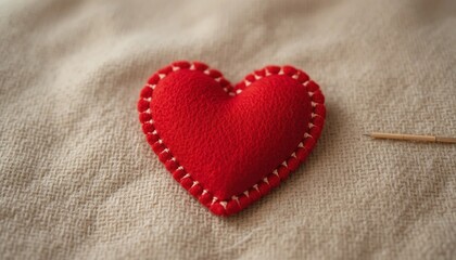 Handmade red felt heart with white stitching rests on a textured beige fabric surface beside a needle