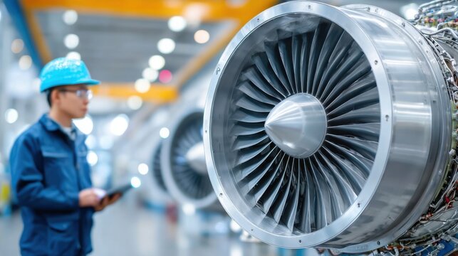 massive aircraft jet engine assembly, close up of intricate titanium fan blades, an aerospace engineer in the background inspecting