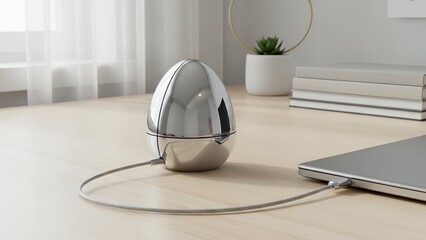 Sleek chrome egg-shaped tech device connected to a laptop on a bright minimalist wooden desk, concept for product presentations, modern workspace design and consumer electronics advertising