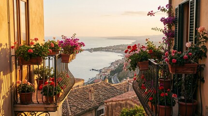 Balcony with flower pots overflowing pink and red blooms overlooking seaside village at sunset. Mediterranean coastal architecture and scenic ocean view. Romantic travel and vacation landscape