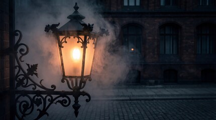 Glowing vintage street lamp at night. Ornate lantern post with warm light in foggy urban alley. Atmospheric historical scene for mystery and romance concepts.
