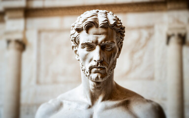 selective-focus-blur of marble bust of a bearded man with curly hair in classical roman style with stern facial expression in museum gallery exhibiting ancient history heritage sculpture archeology