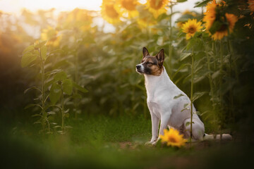 A mixed breed dog with white and brown fur sits in a green field among many sunflowers. The dog is...