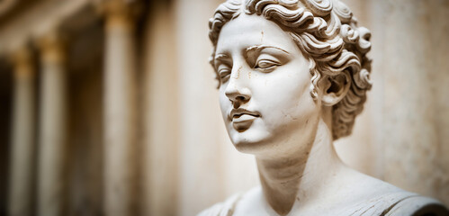 selective-focus-blur of close up of female marble statue head with braided hair 
