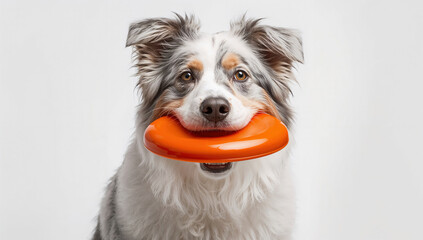 Adorable Australian Shepherd holding an orange frisbee in its mouth against a white background